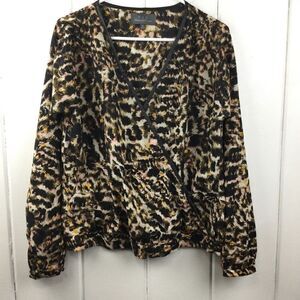 Patterson J. Kincaid Leopard Wrap Top, Leather Trim & Buttons, Size Medium‎